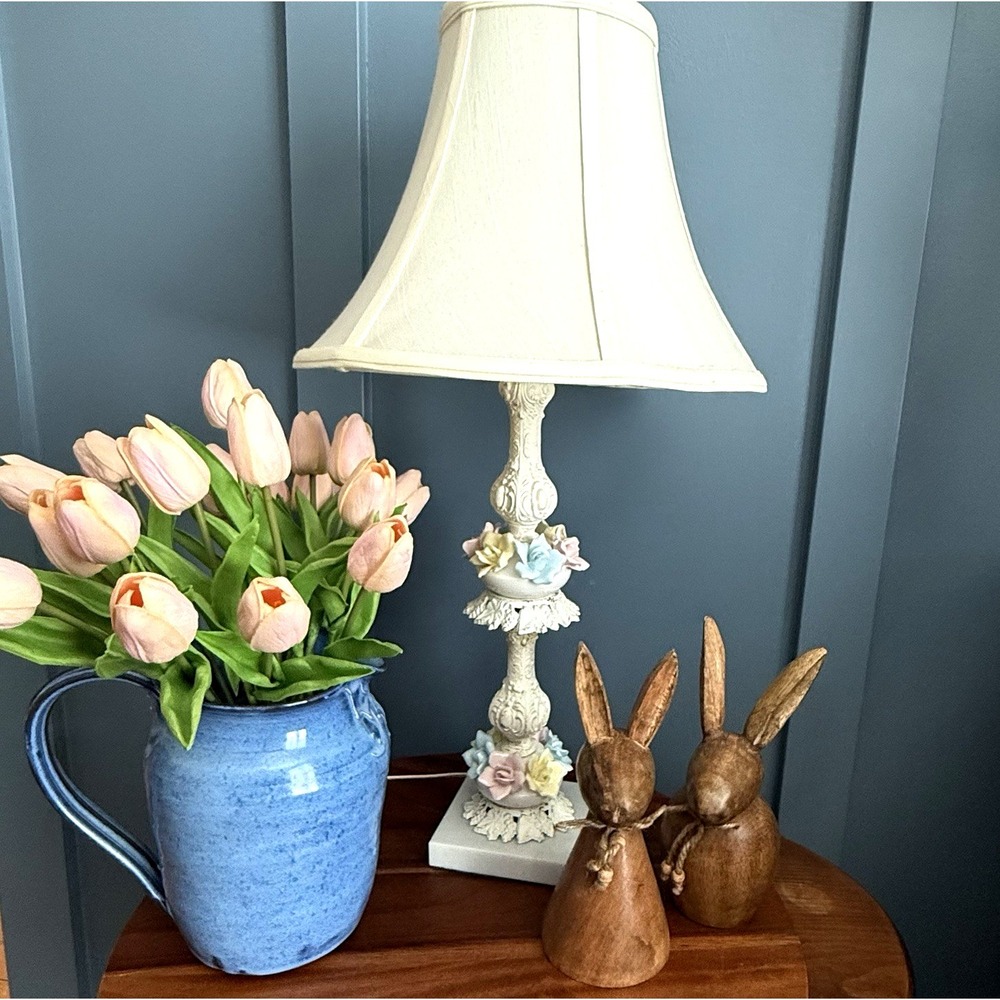 Vintage Floral Lamp Porcelain Roses Marble Base Cast Iron Cottage Shabby Chic